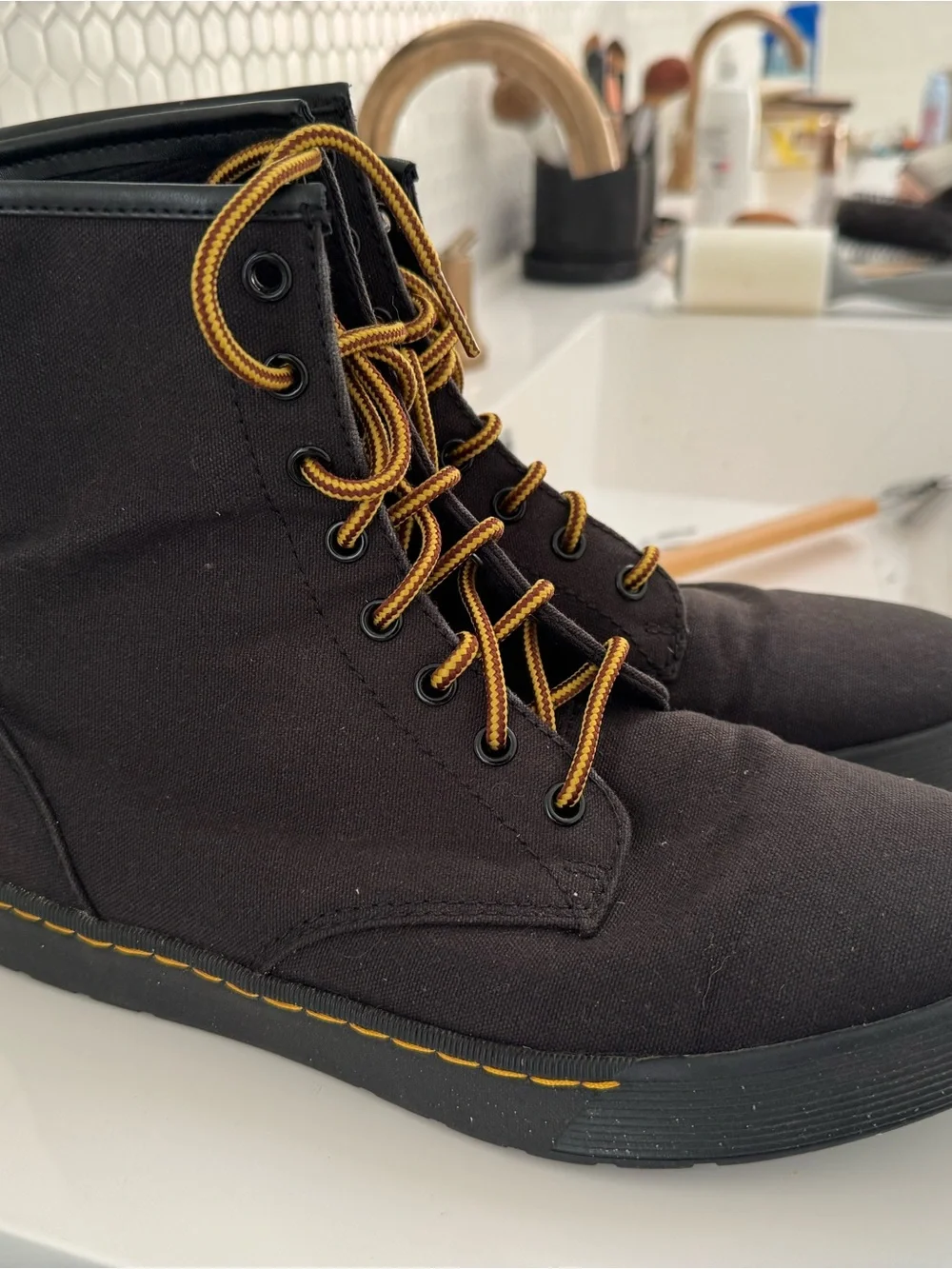 Dr. Martens Black Lace-Up Combat Boot with Yellow Heel Loop